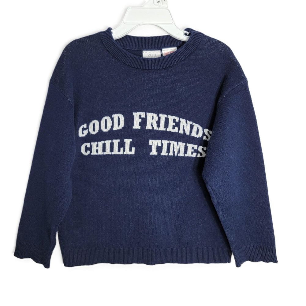 Zara Kids Navy Blue Good Friends Chill Times Cotton Knit Sweater Size 3-4 Years